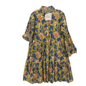 DRESS ADDICT June Shirt Dress Floral 100% Cotton Tiered Long Sleeve LARGE